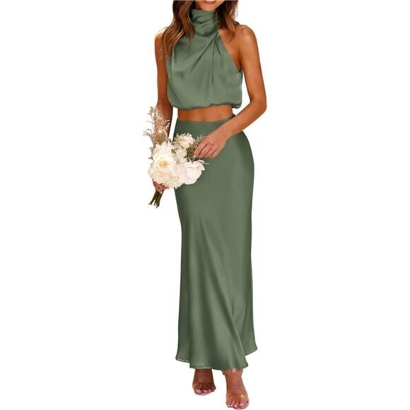 Women's 2 Piece Satin OutfitMock Neck Crop Top and Long Skirt Dress Set